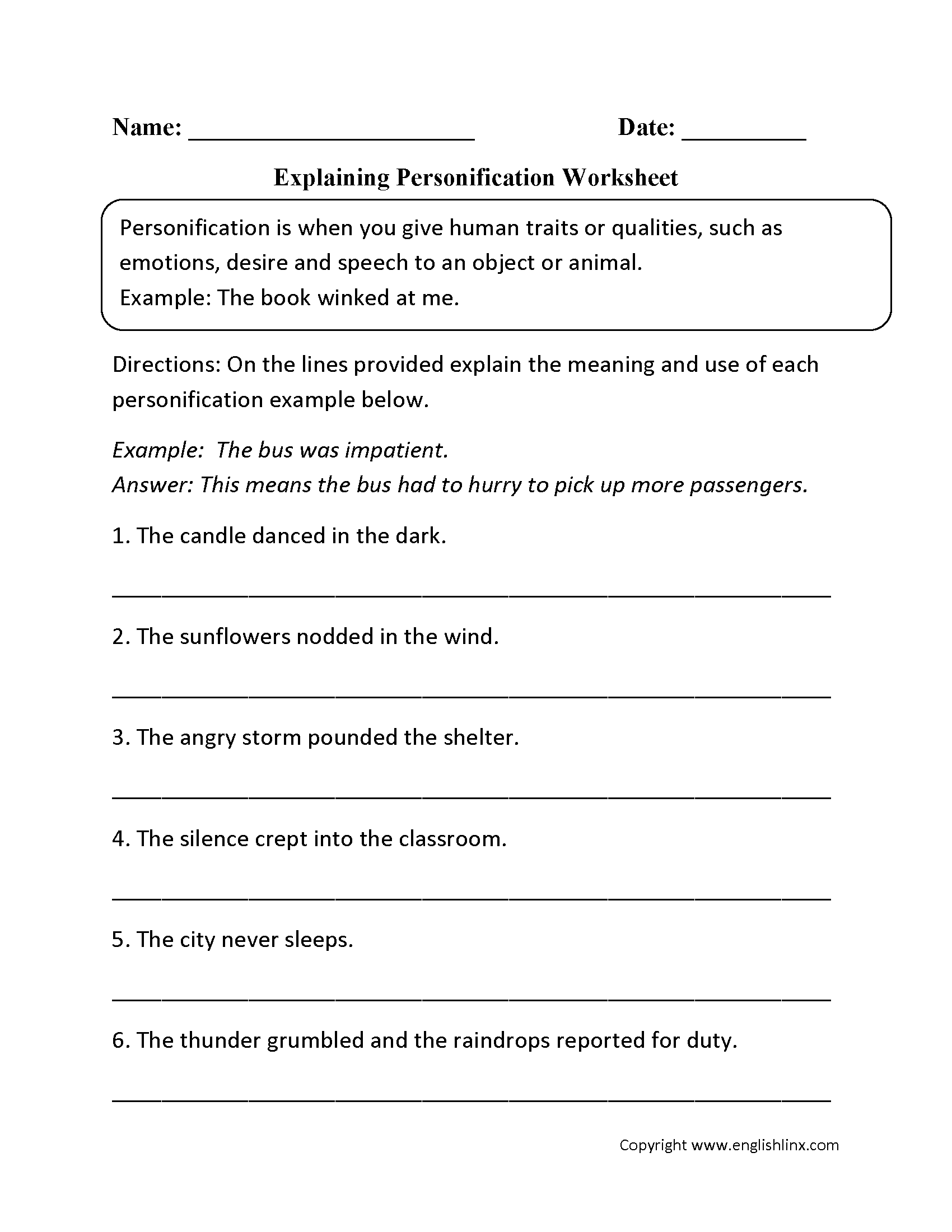 Personification Worksheets Image