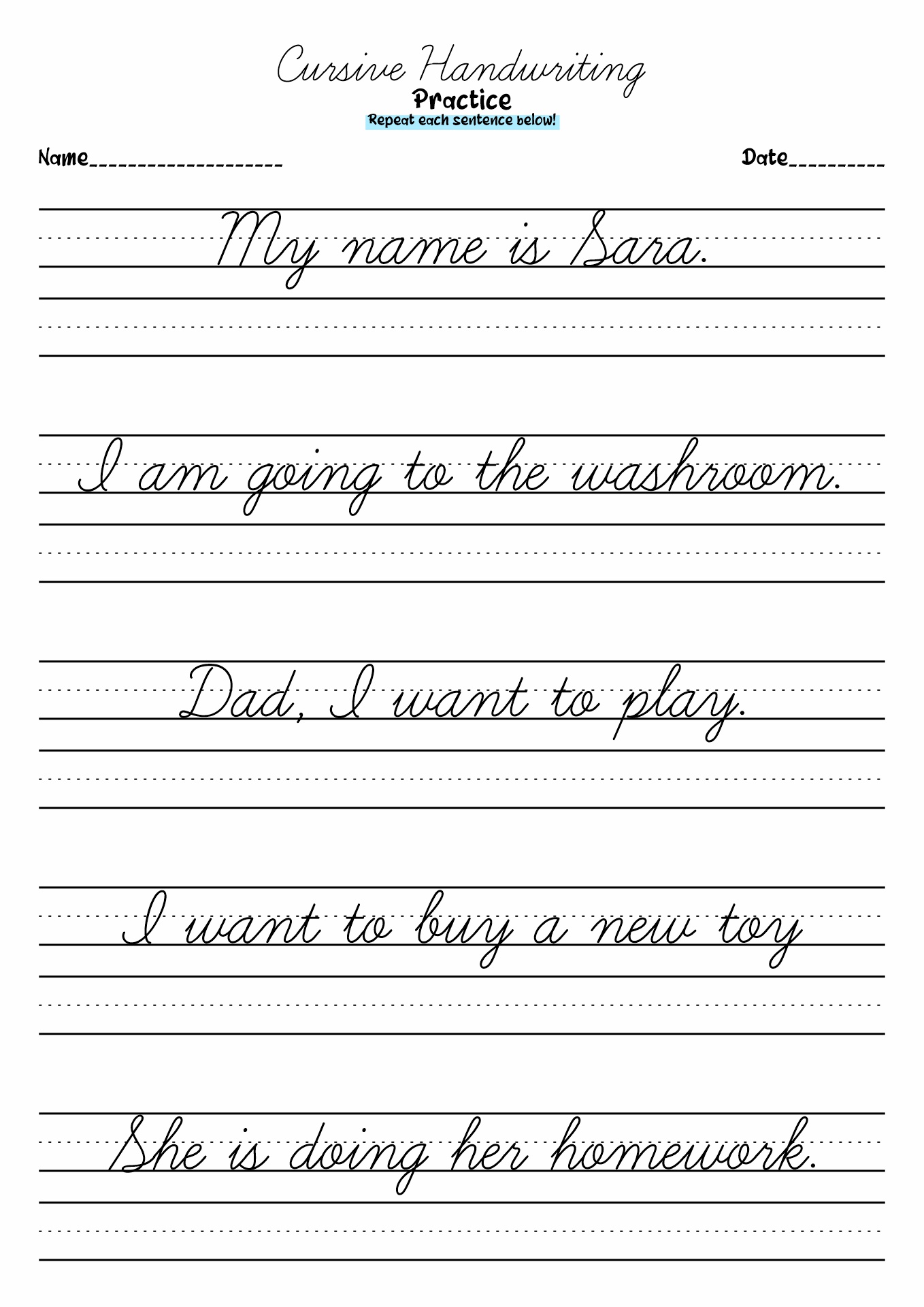 Printable Cursive Handwriting Practice Worksheets Image