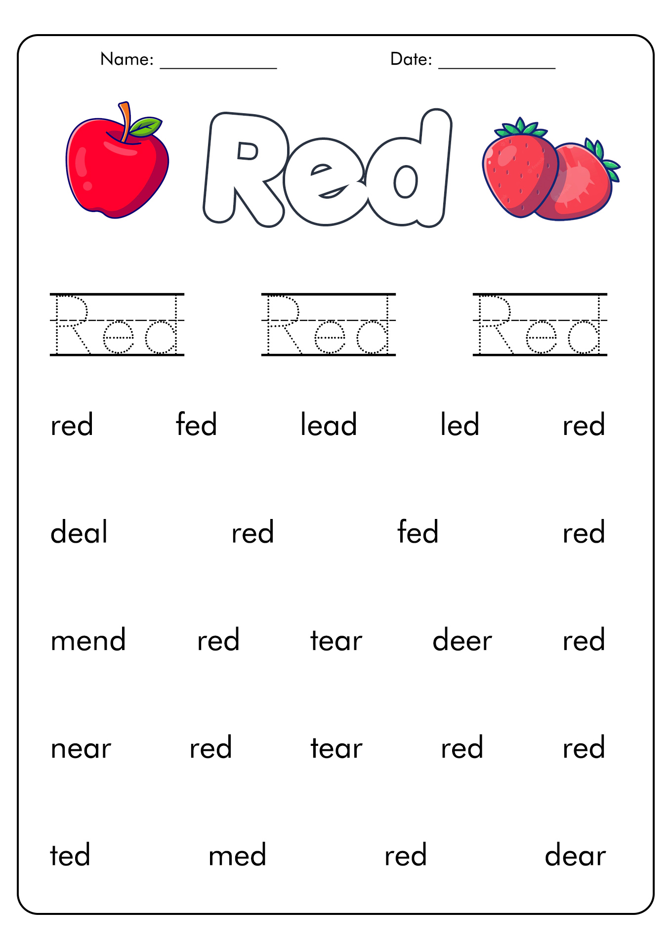 Red Color Word Printable Worksheets