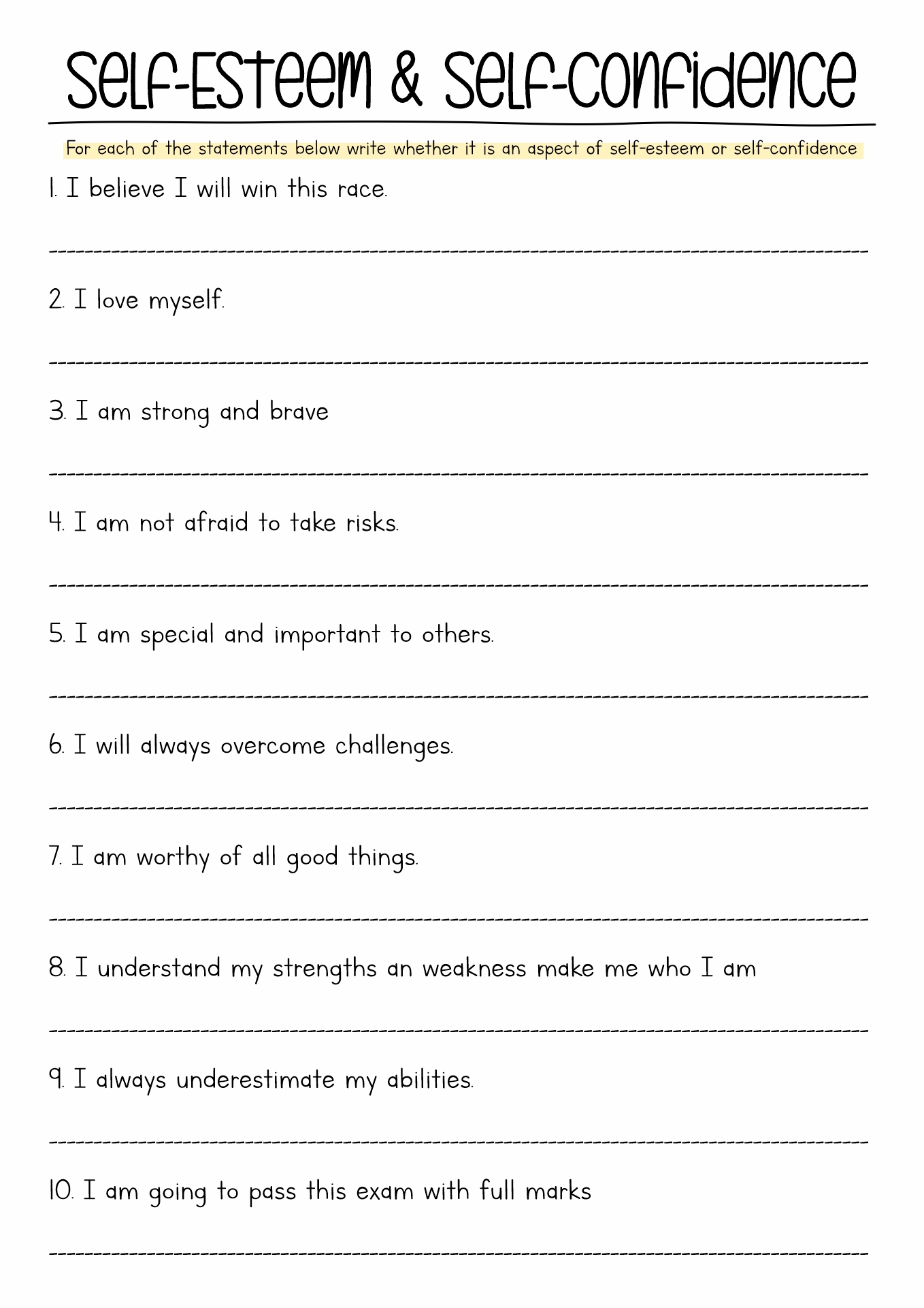 Self-Confidence Worksheets