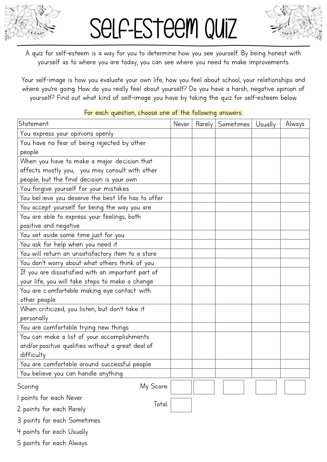 Self-Esteem Assessment Worksheet for Adults
