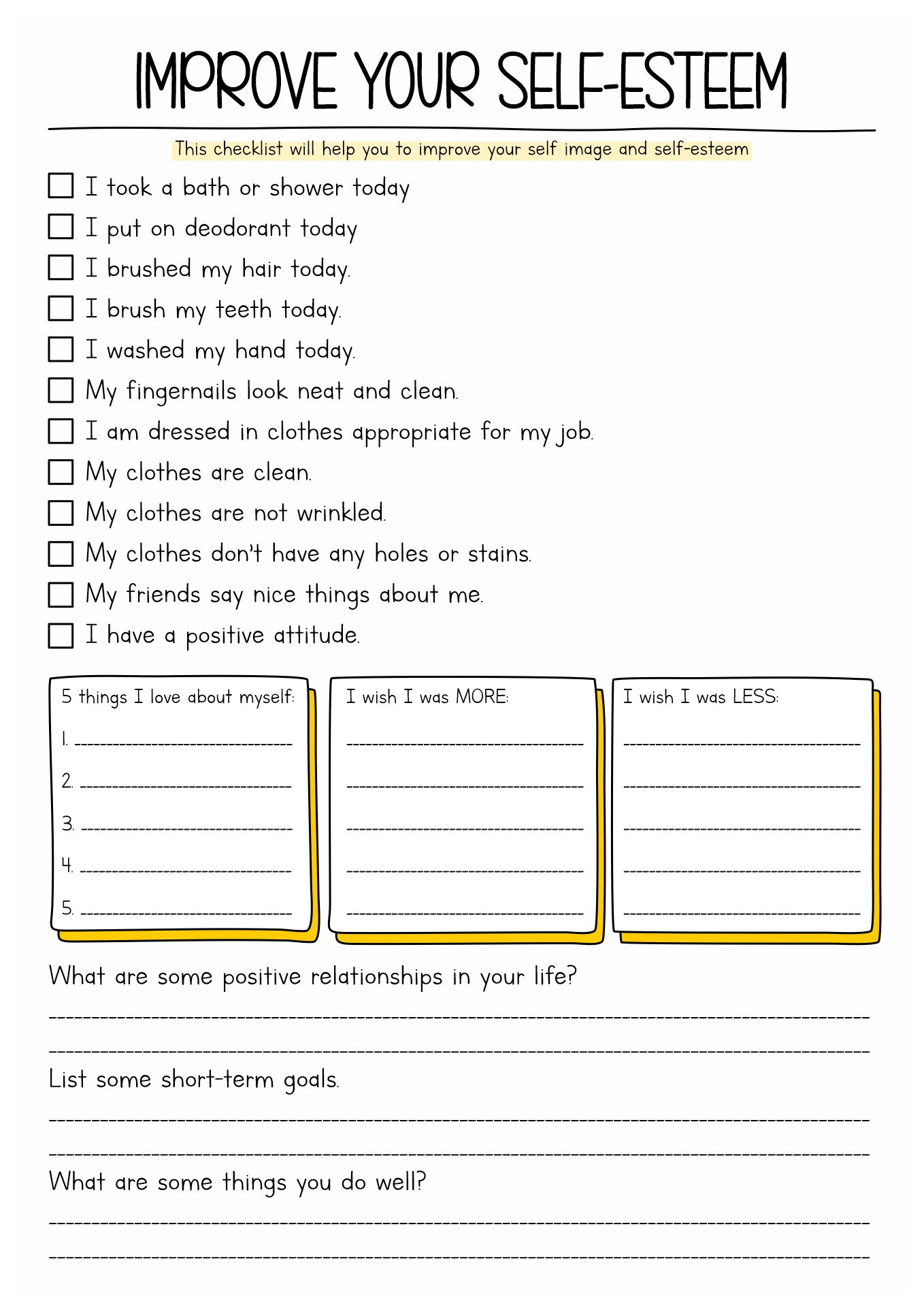 Self-Esteem Worksheets Image