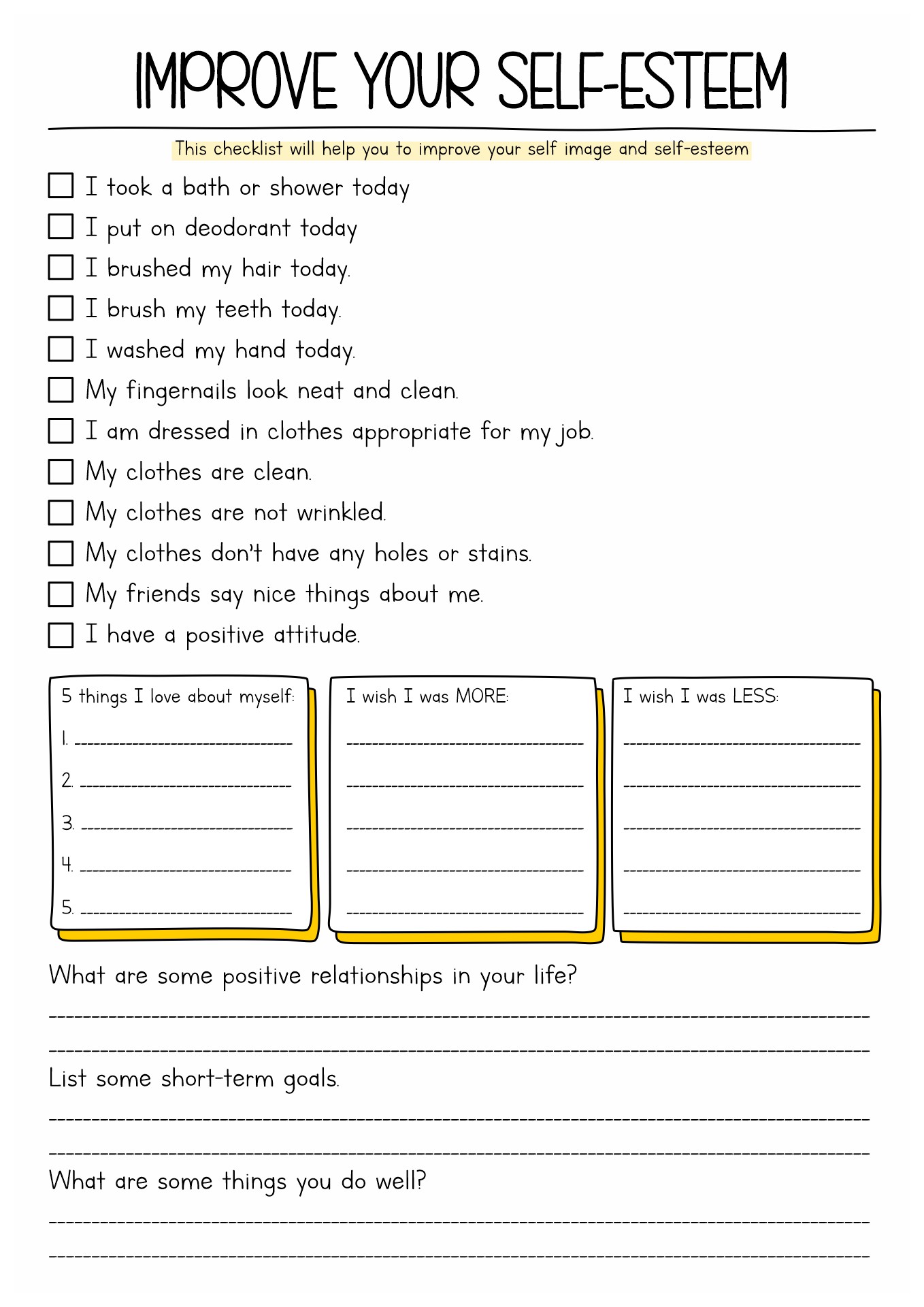 Printable Self Esteem Activities For Teens