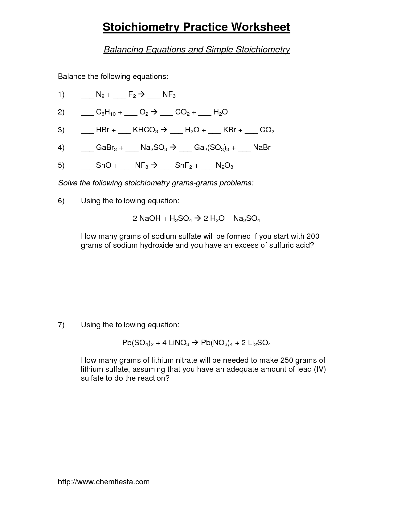 Stoichiometry and Balancing Equation Worksheet Image