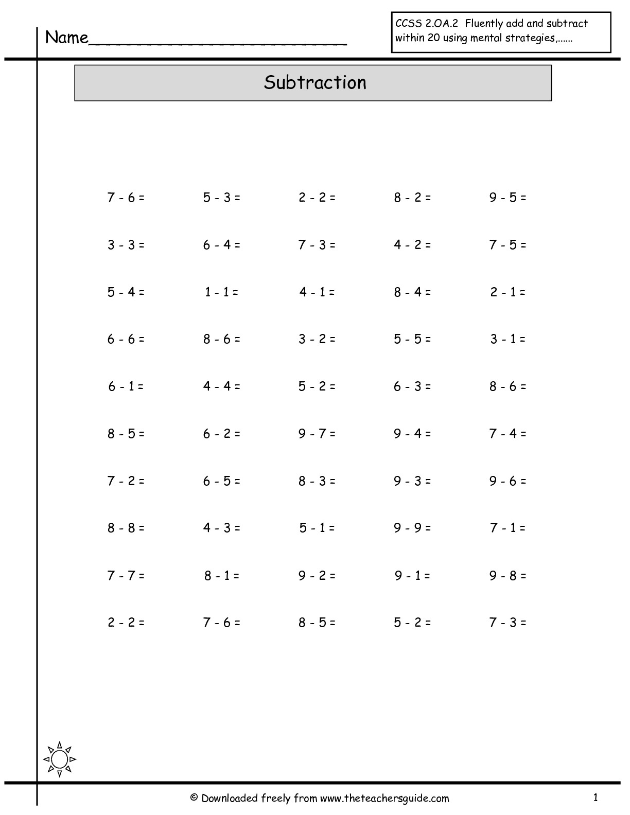 Subtraction to 20 Worksheets Image