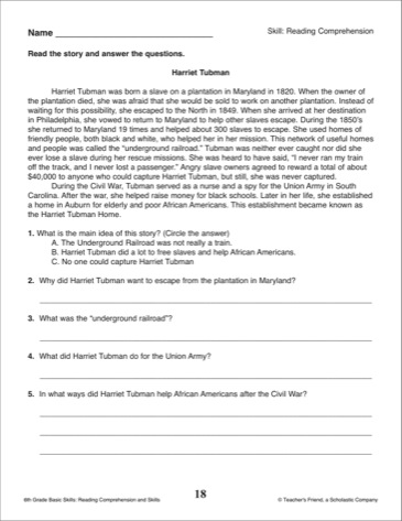 6th Grade Reading Worksheets with Questions