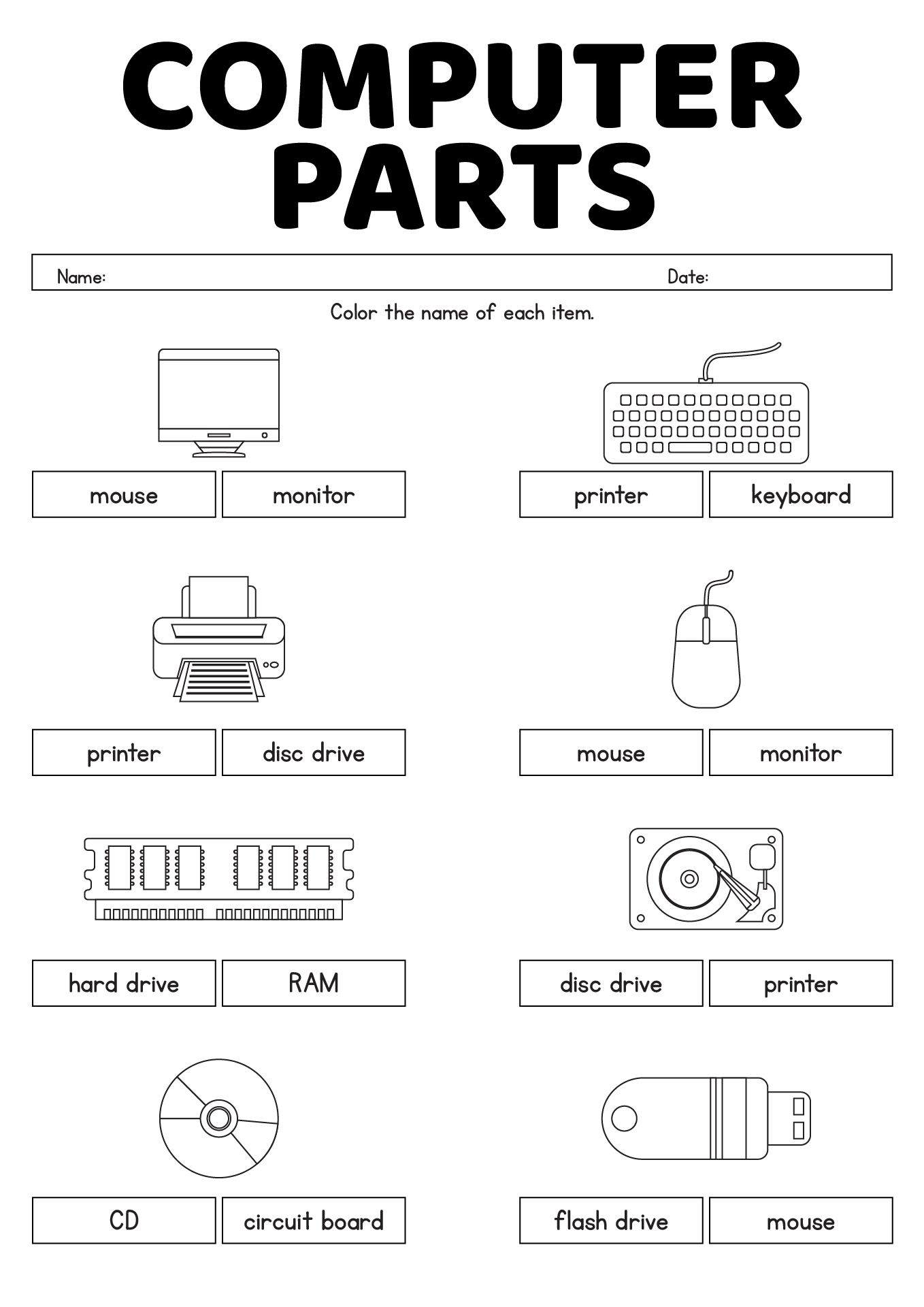 Parts Of A Computer Worksheet For Kids