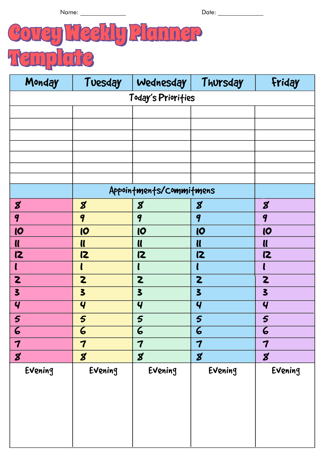 Covey Weekly Planner Template