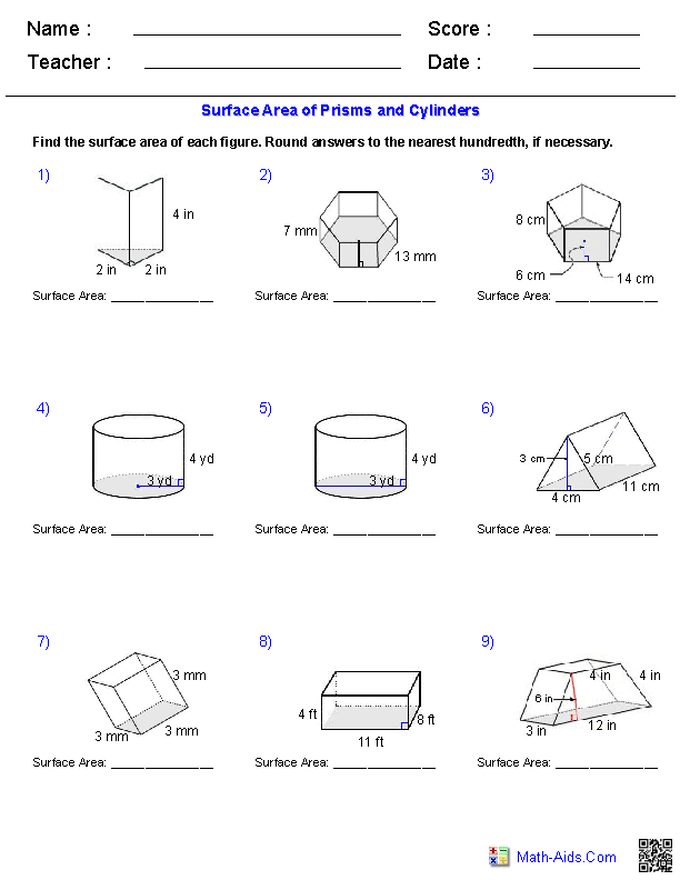 Geometry Surface Area and Volume Worksheets Image