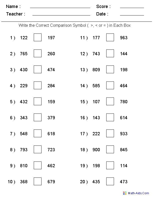 Integers Greater than Less than Worksheets Image