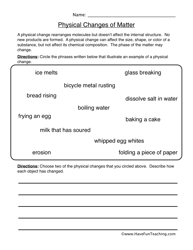 Physical and Chemical Changes of Matter Worksheet Image