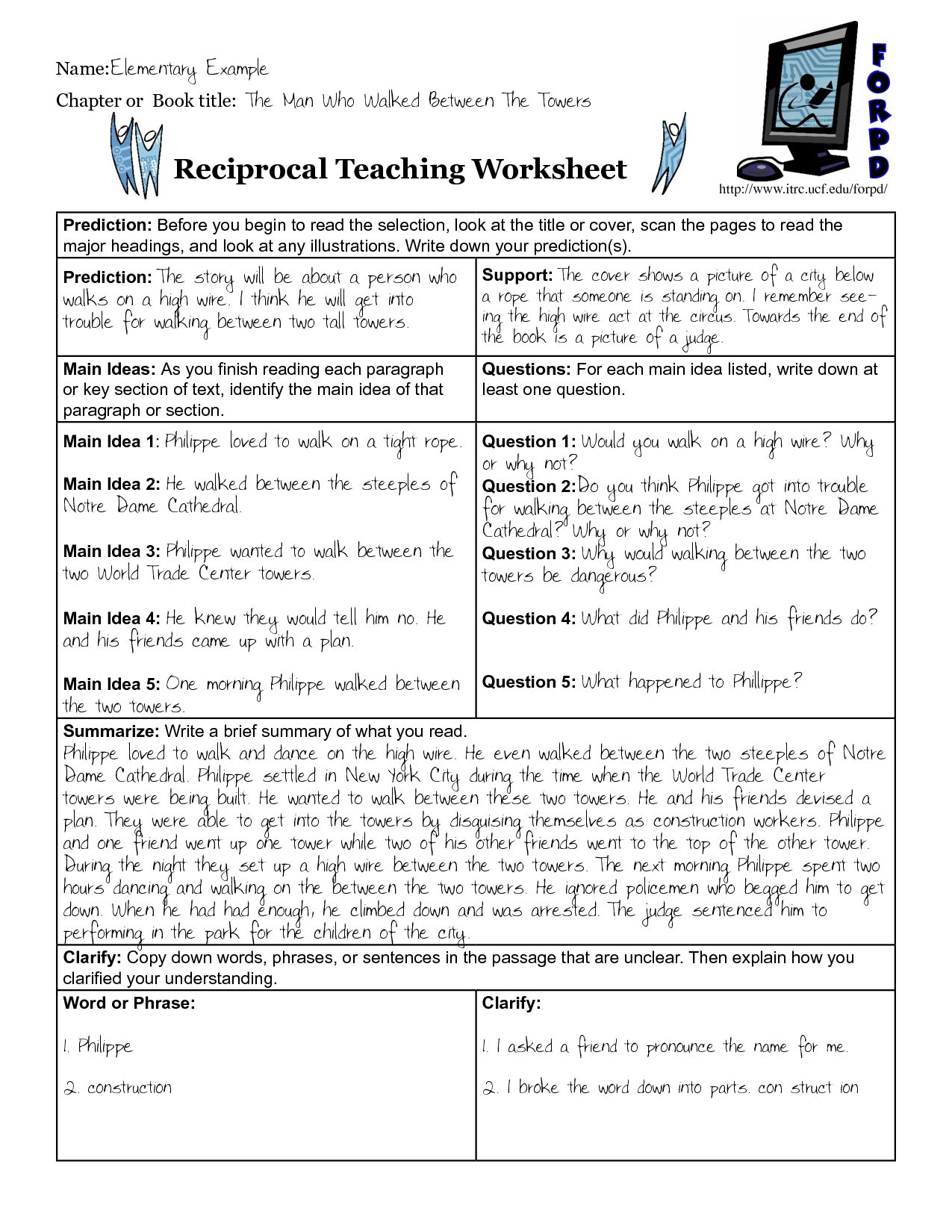 Reciprocal Teaching Worksheet Image