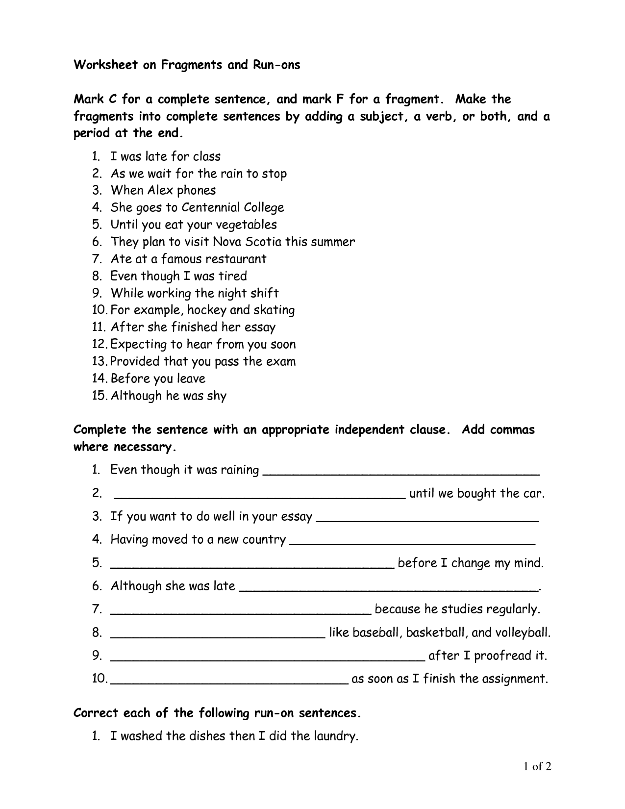 Identifying Sentence Fragments Practice A Worksheet 1 Answer Key