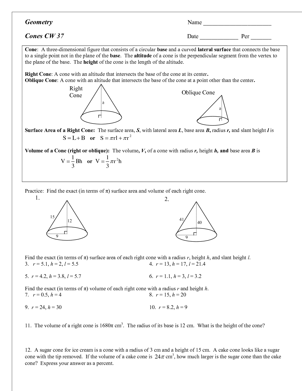 Surface Area and Volume of Cones Worksheets Image