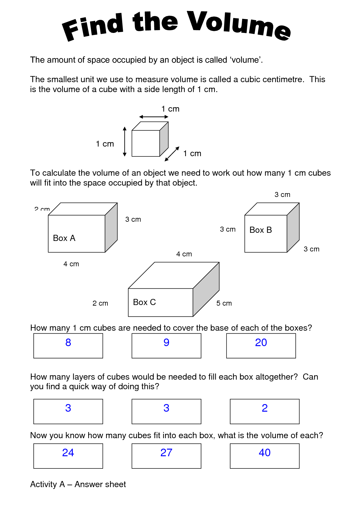 Volume Rectangular Prisms with Cubes Worksheet Image