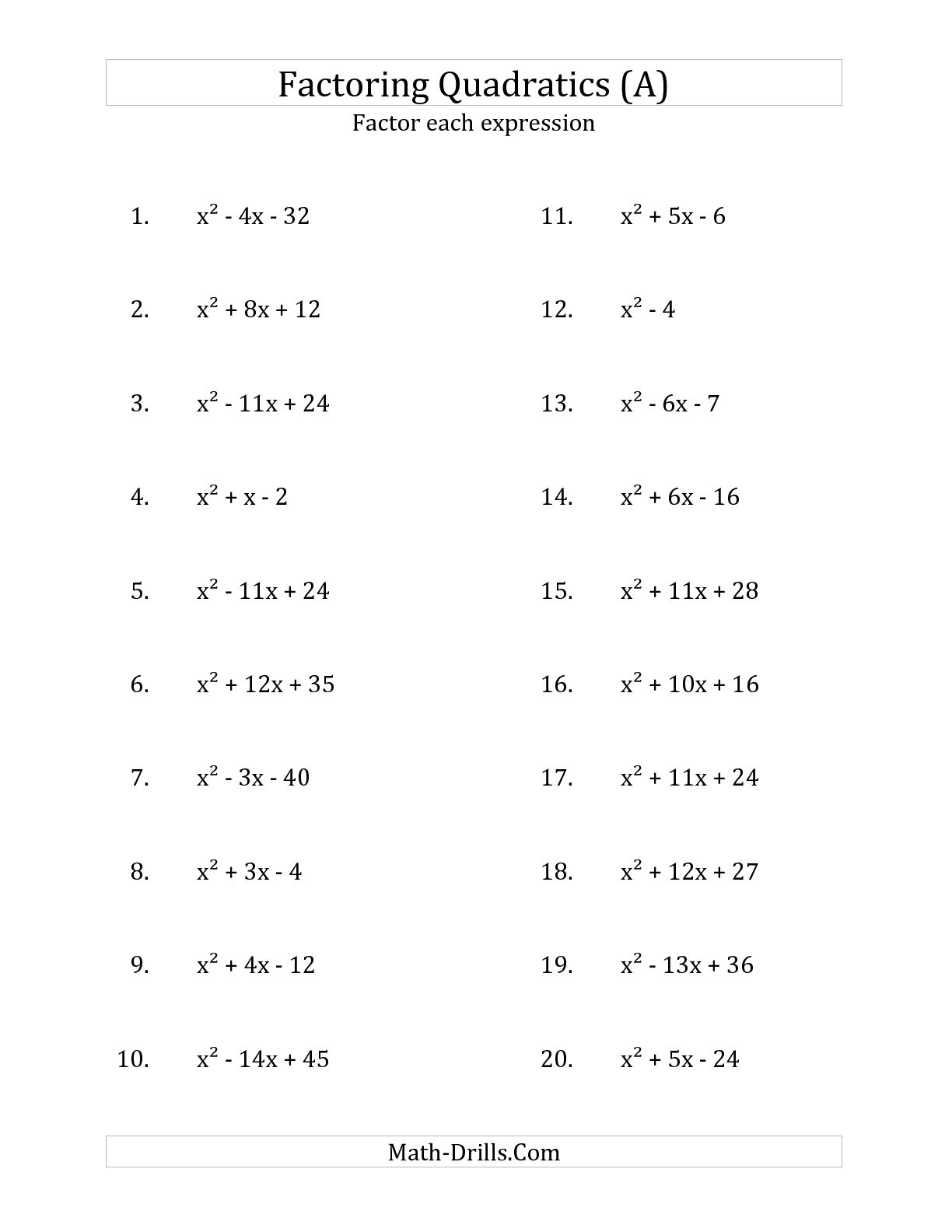 Algebra 1 Factoring Worksheets with Answers Image