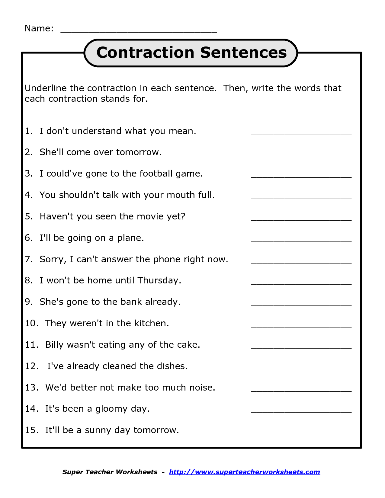 Free Printable Contraction Worksheets First Grade
