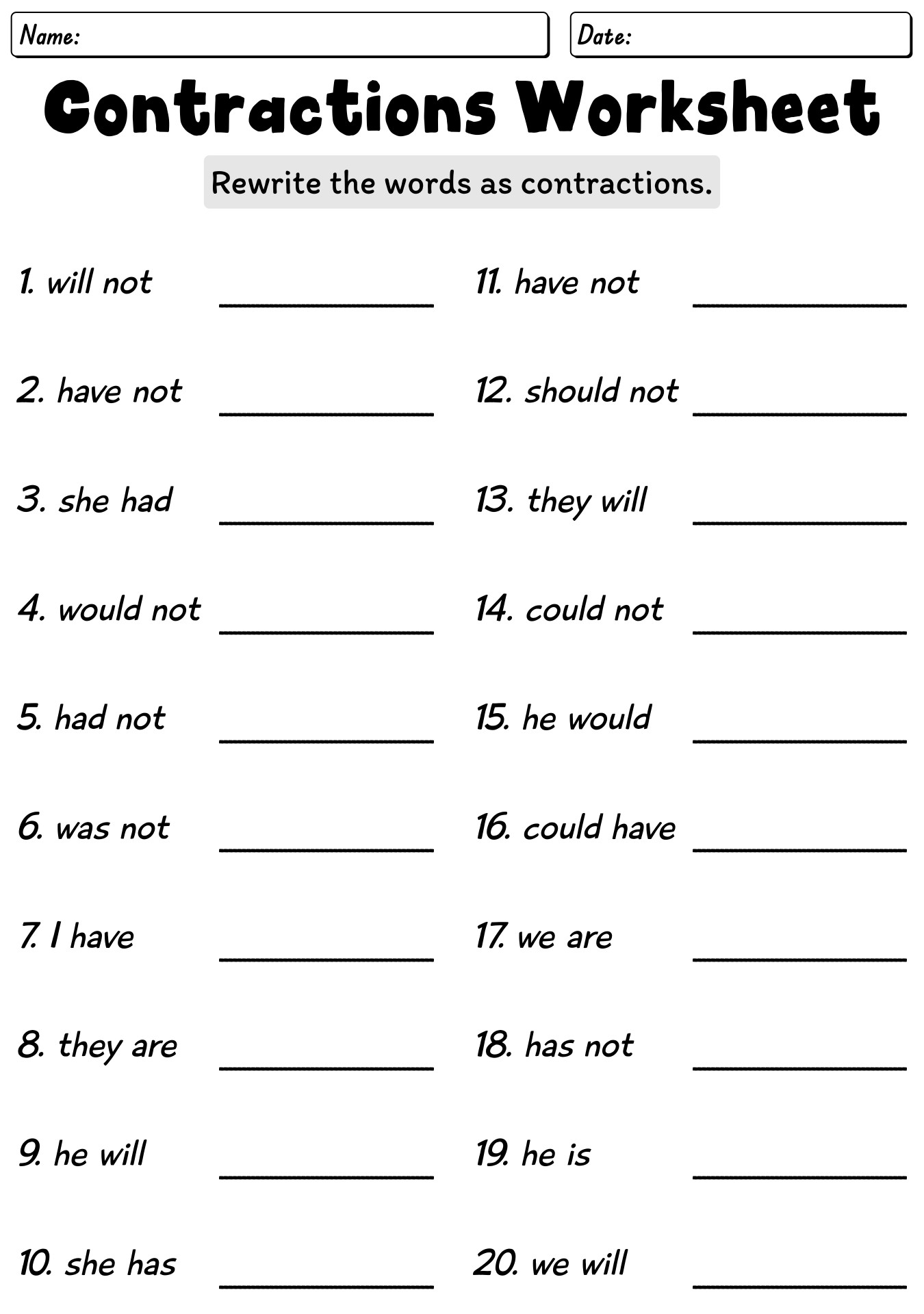 12 Contractions Using Not Worksheets Worksheeto