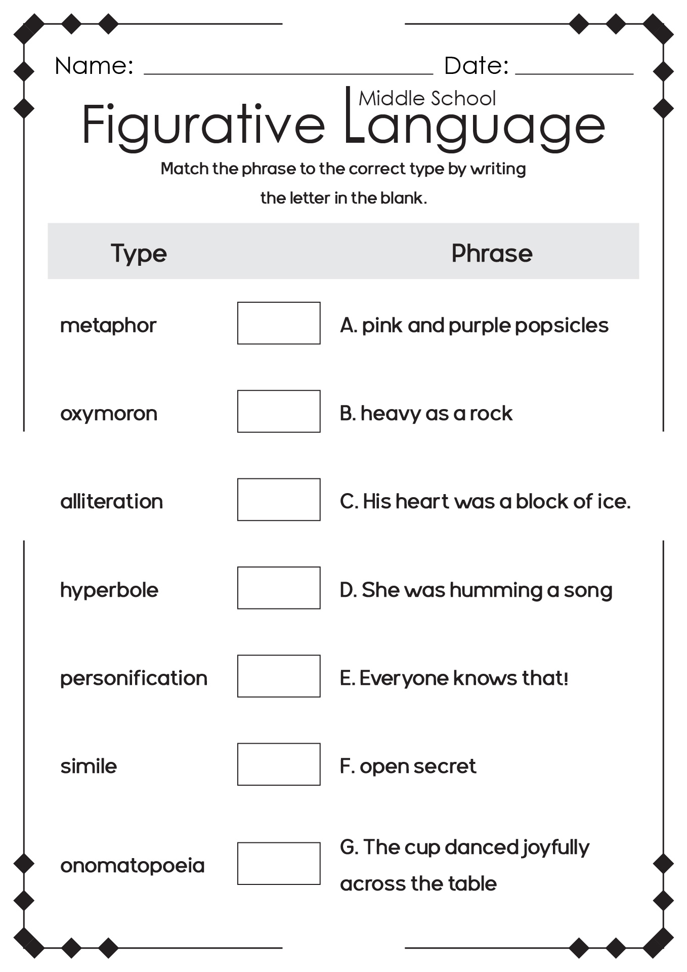Figurative Language Worksheets Middle School Image