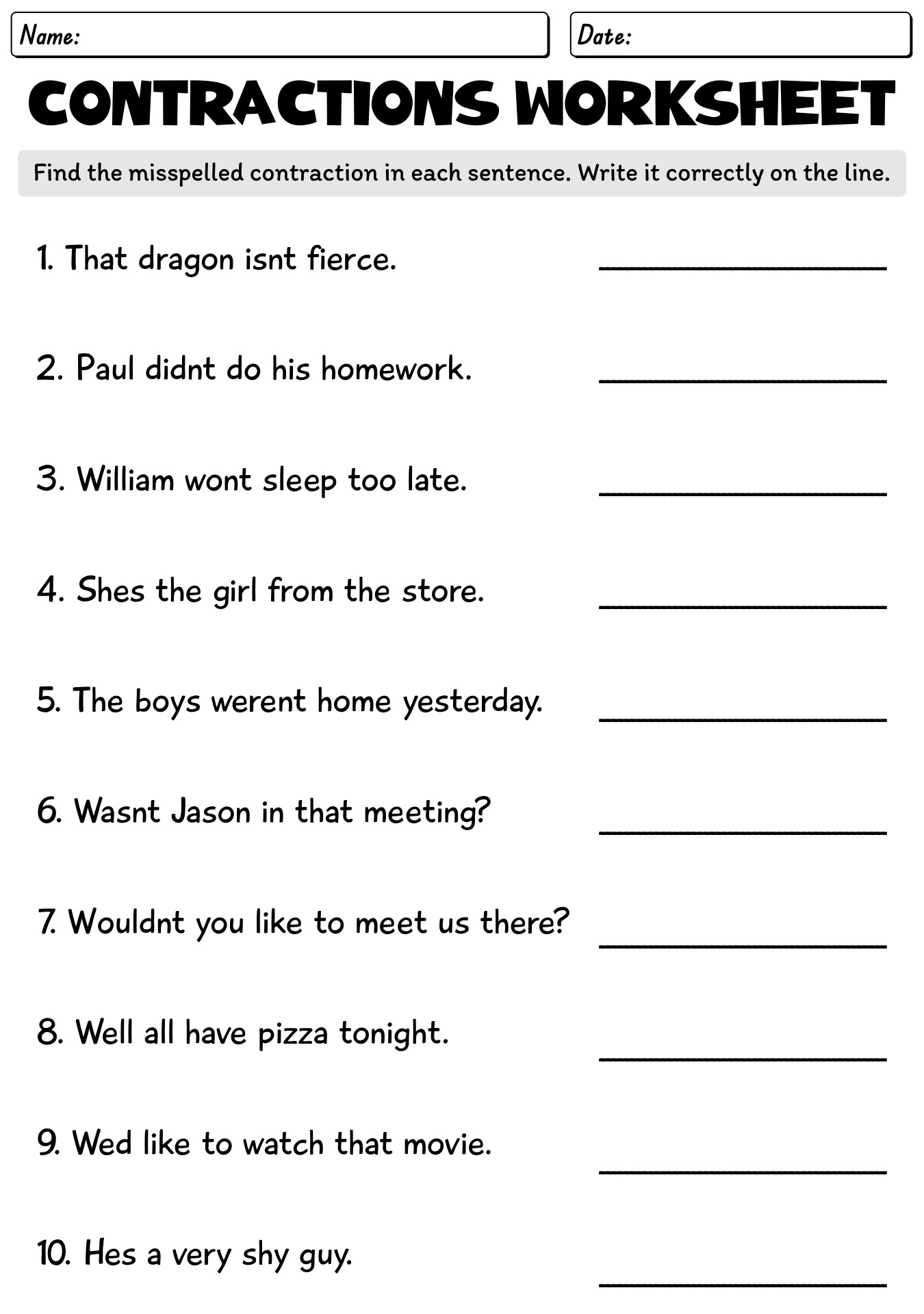 Contractions Free Printable Worksheet