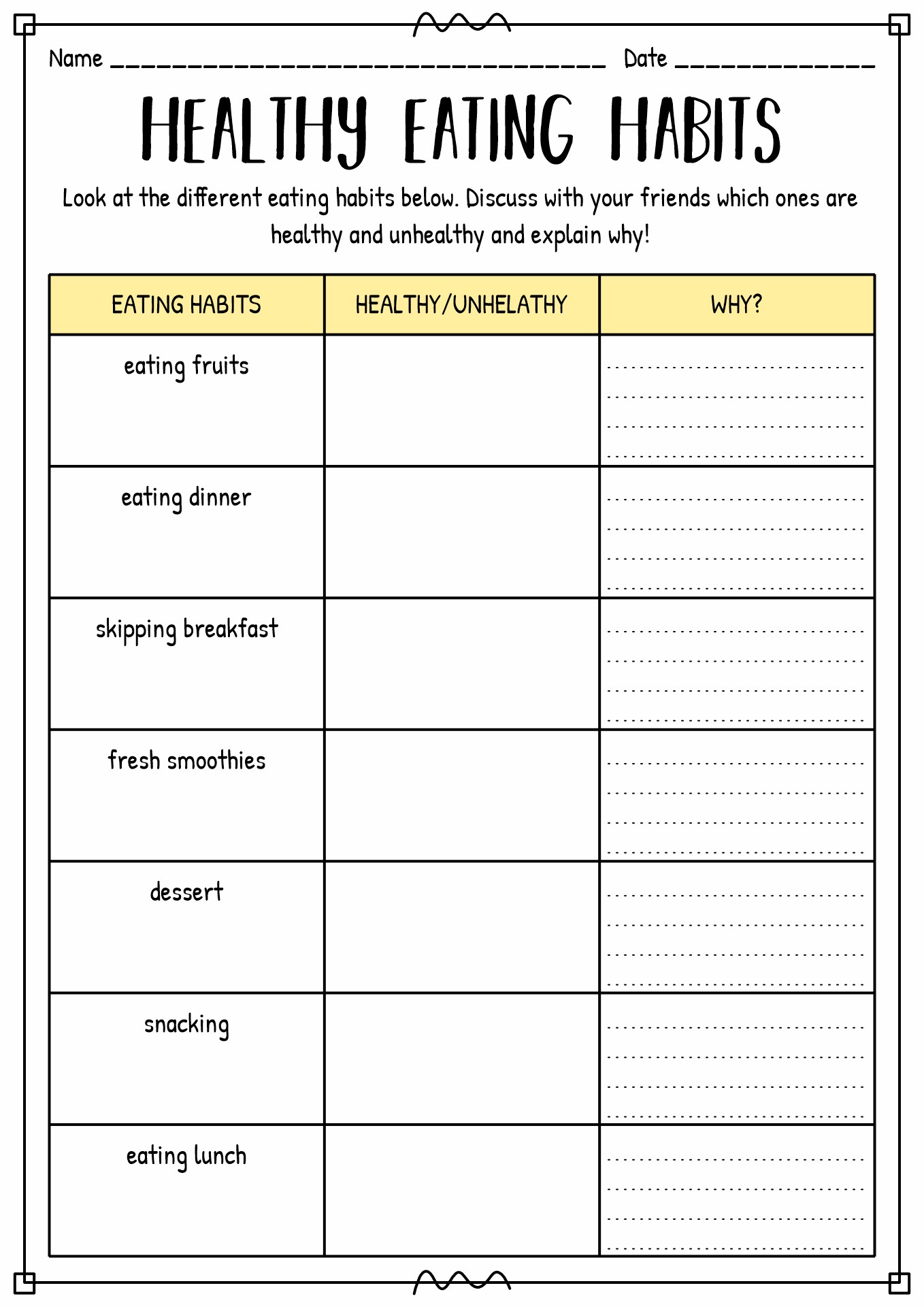 Healthy Eating Habits Worksheet