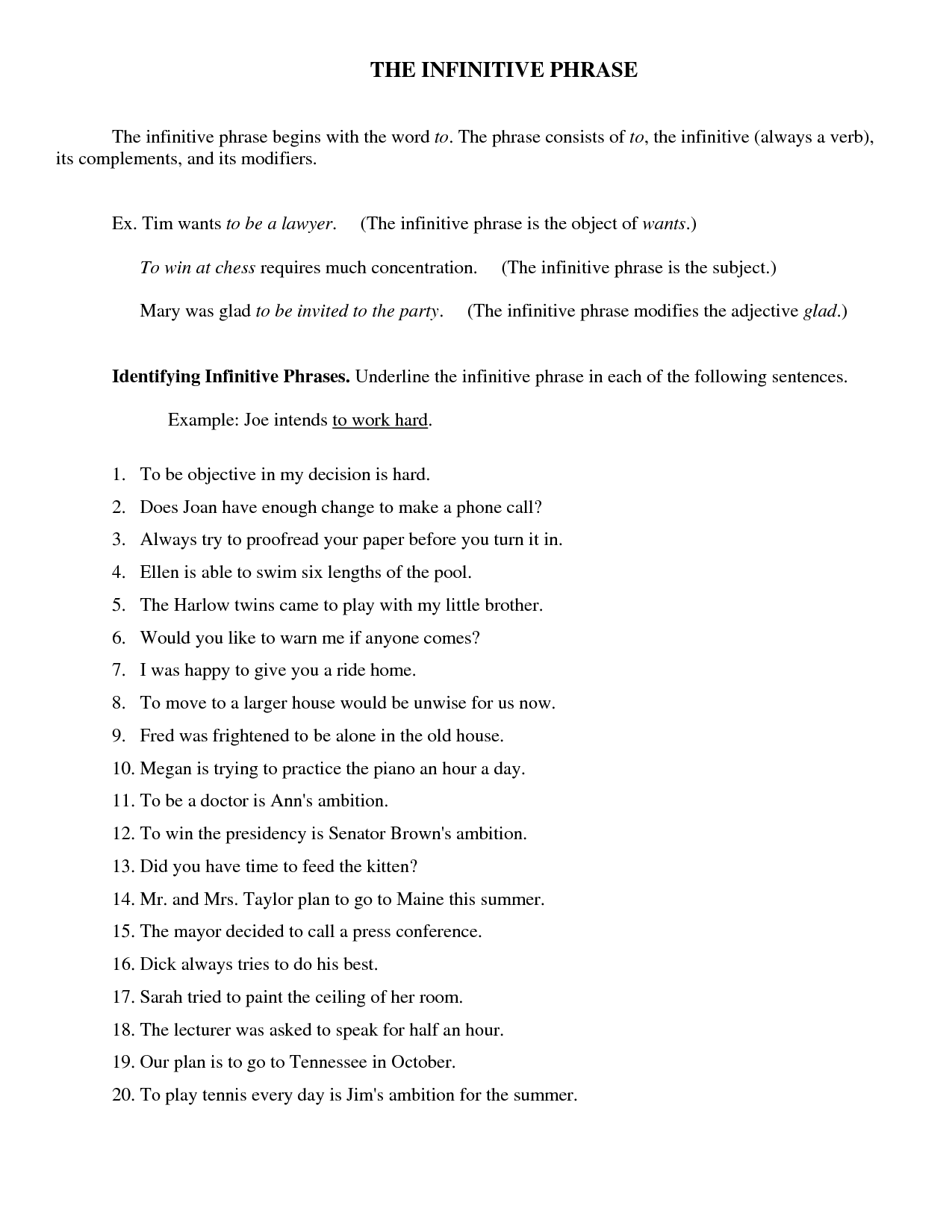Holt Worksheet Infinitive Phrases
