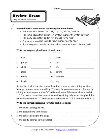 Possessive Nouns Worksheets 10th Grade