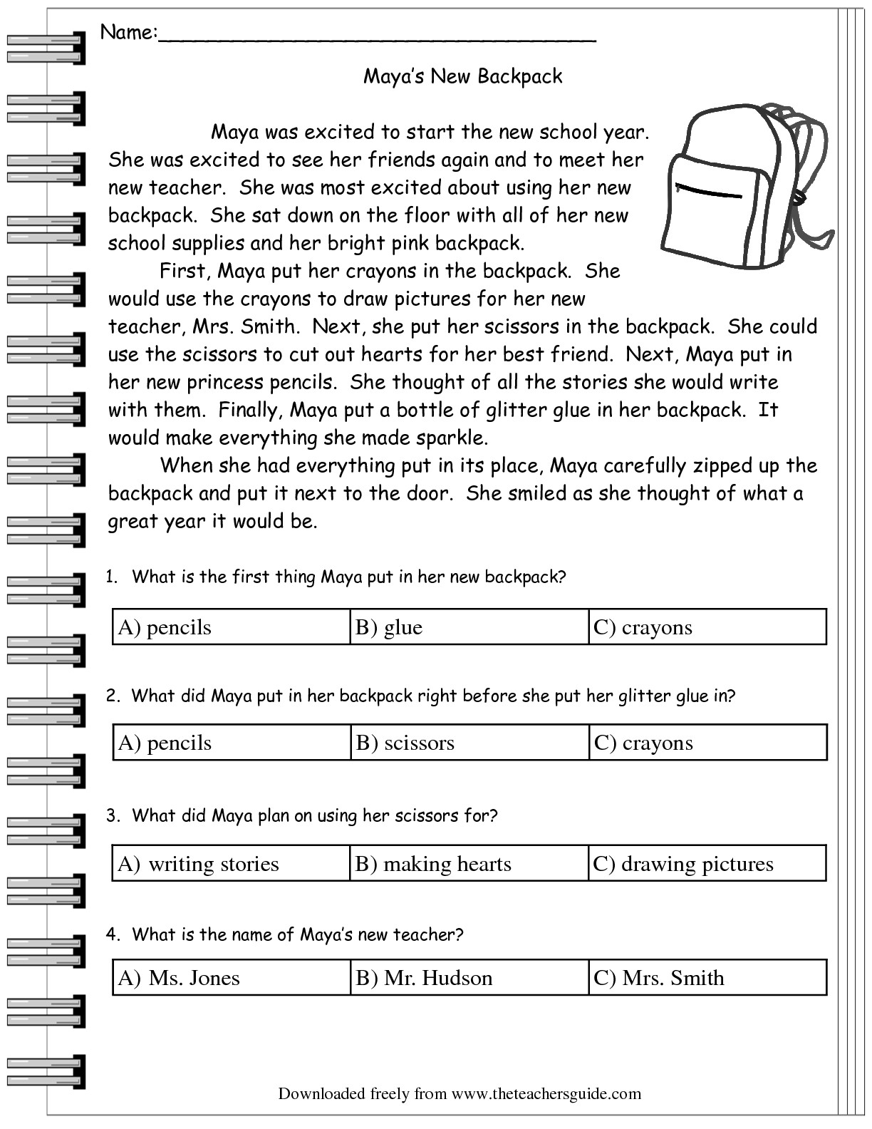 Reading Comprehension Worksheets Questions