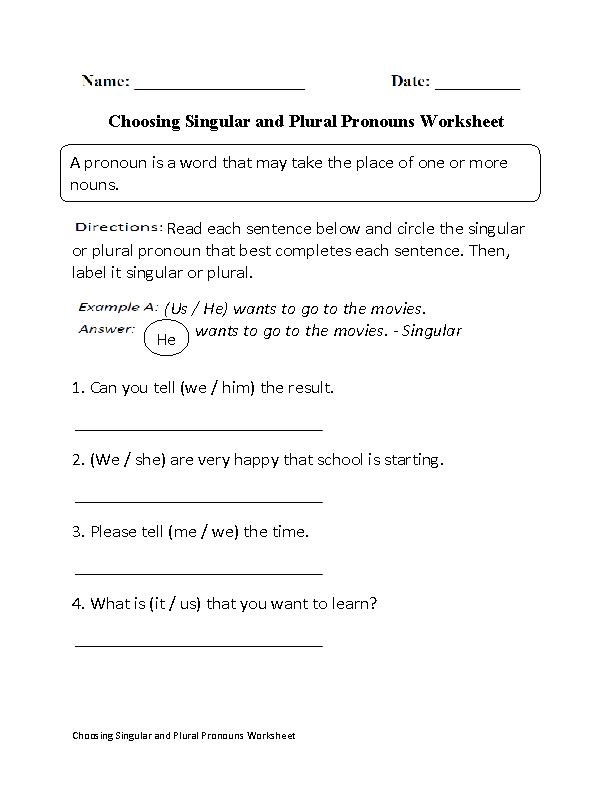 Singular and Plural Pronouns Worksheets Image