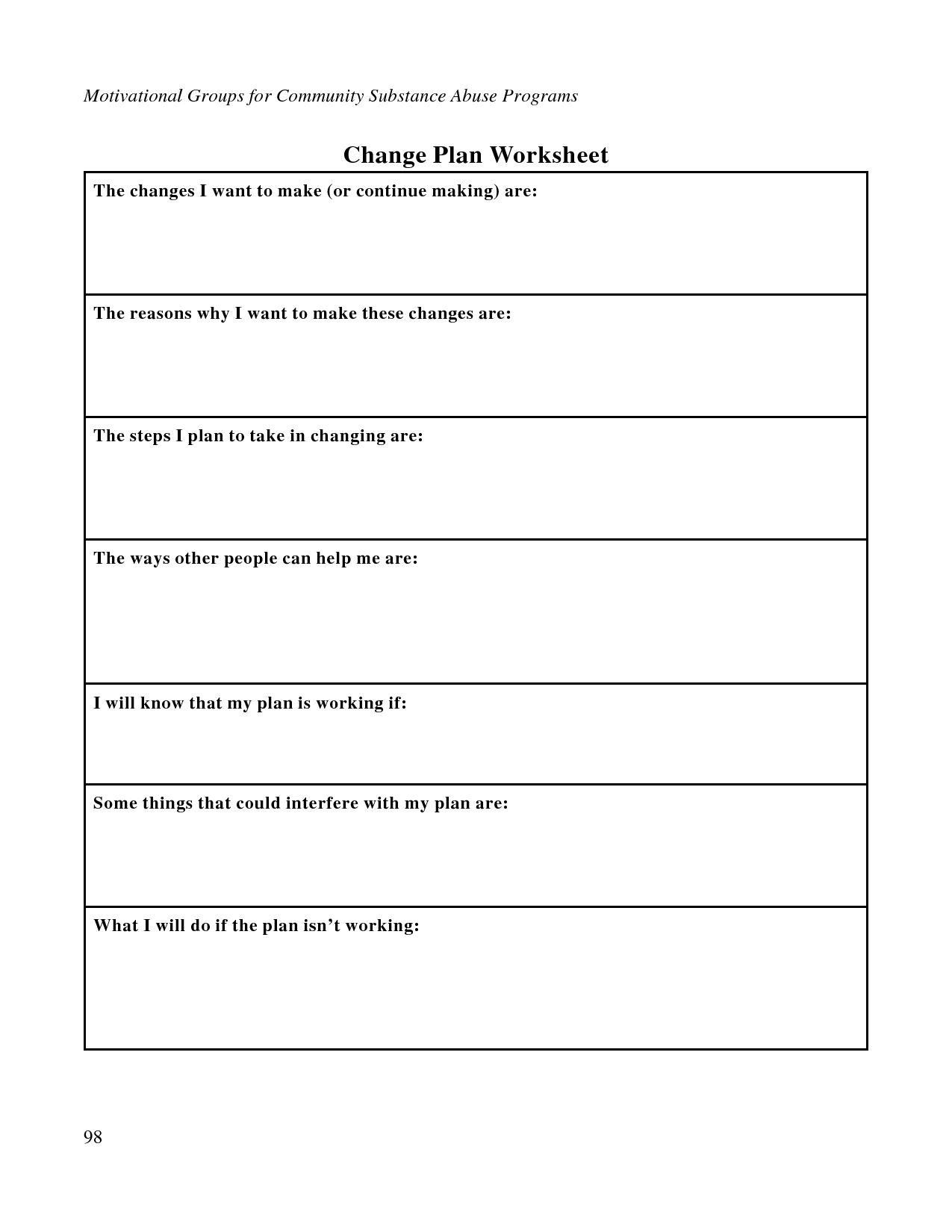 Substance Abuse Change Plan Worksheet Image