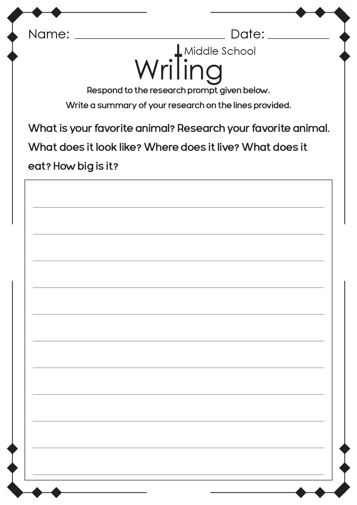 Writing Worksheets Middle School