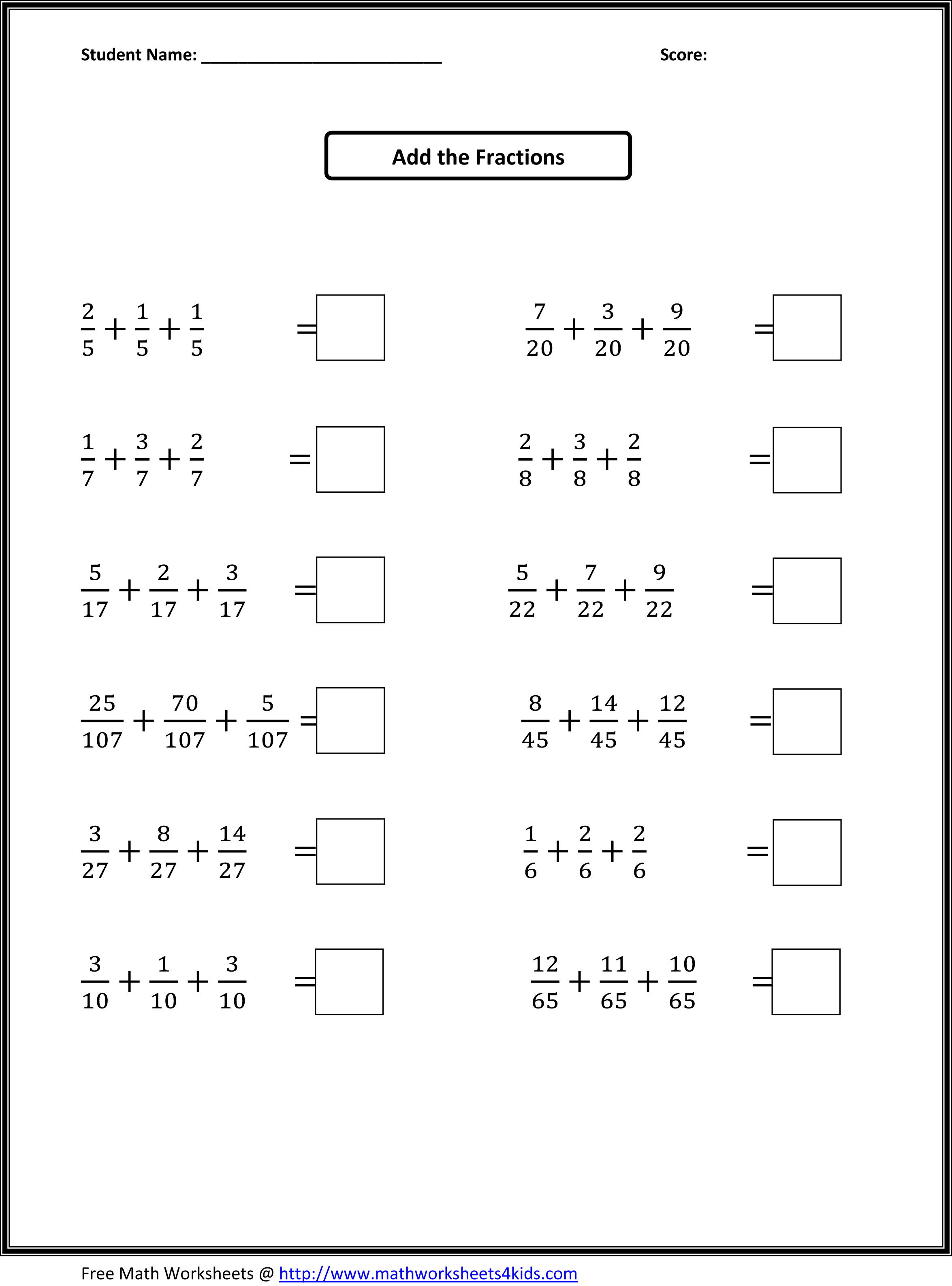 4th Grade Math Worksheets Fractions Image