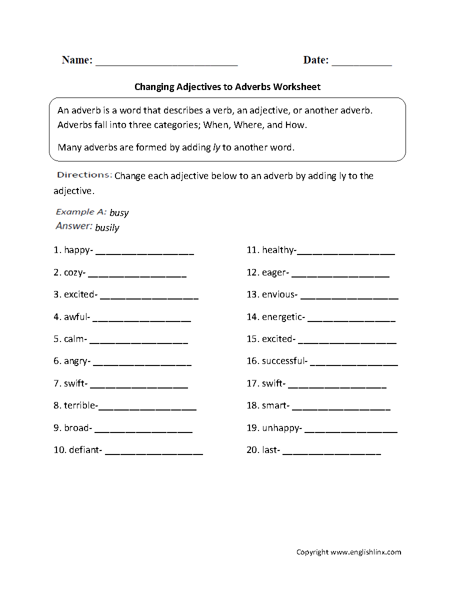 Changing Adjectives to Adverbs Worksheet Image