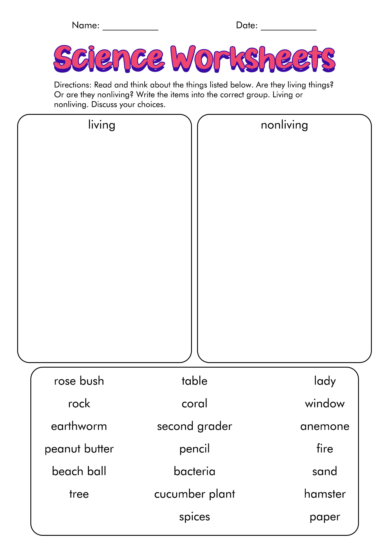 Classification of Living Things Worksheets