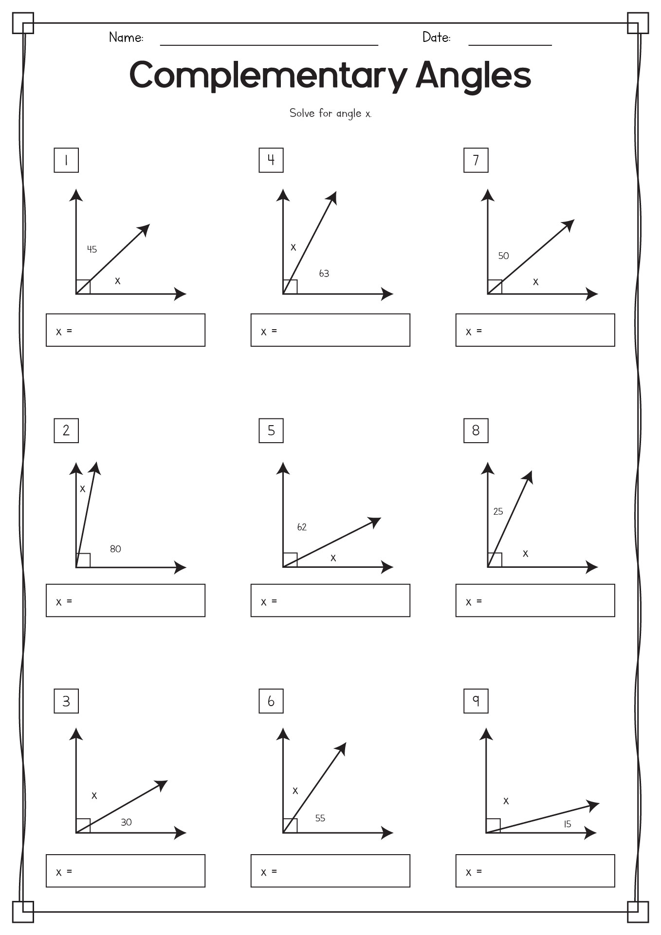 Complementary Angles Worksheets