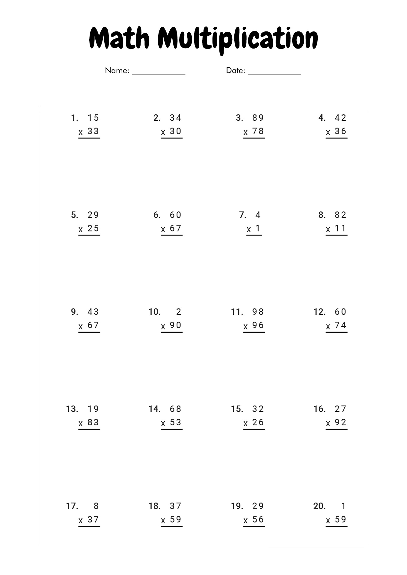 Free Printable Math Multiplication Worksheets Image