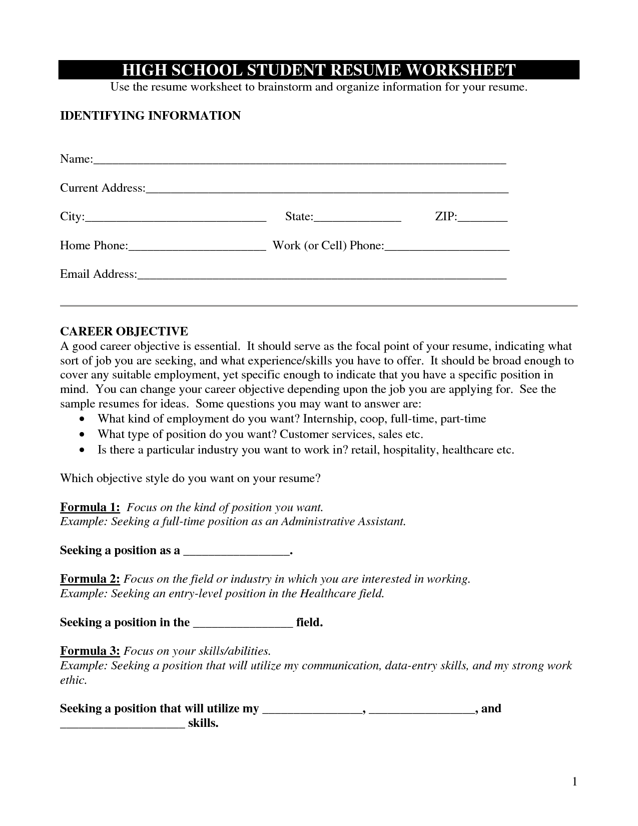 High School Student Resume Worksheet Image