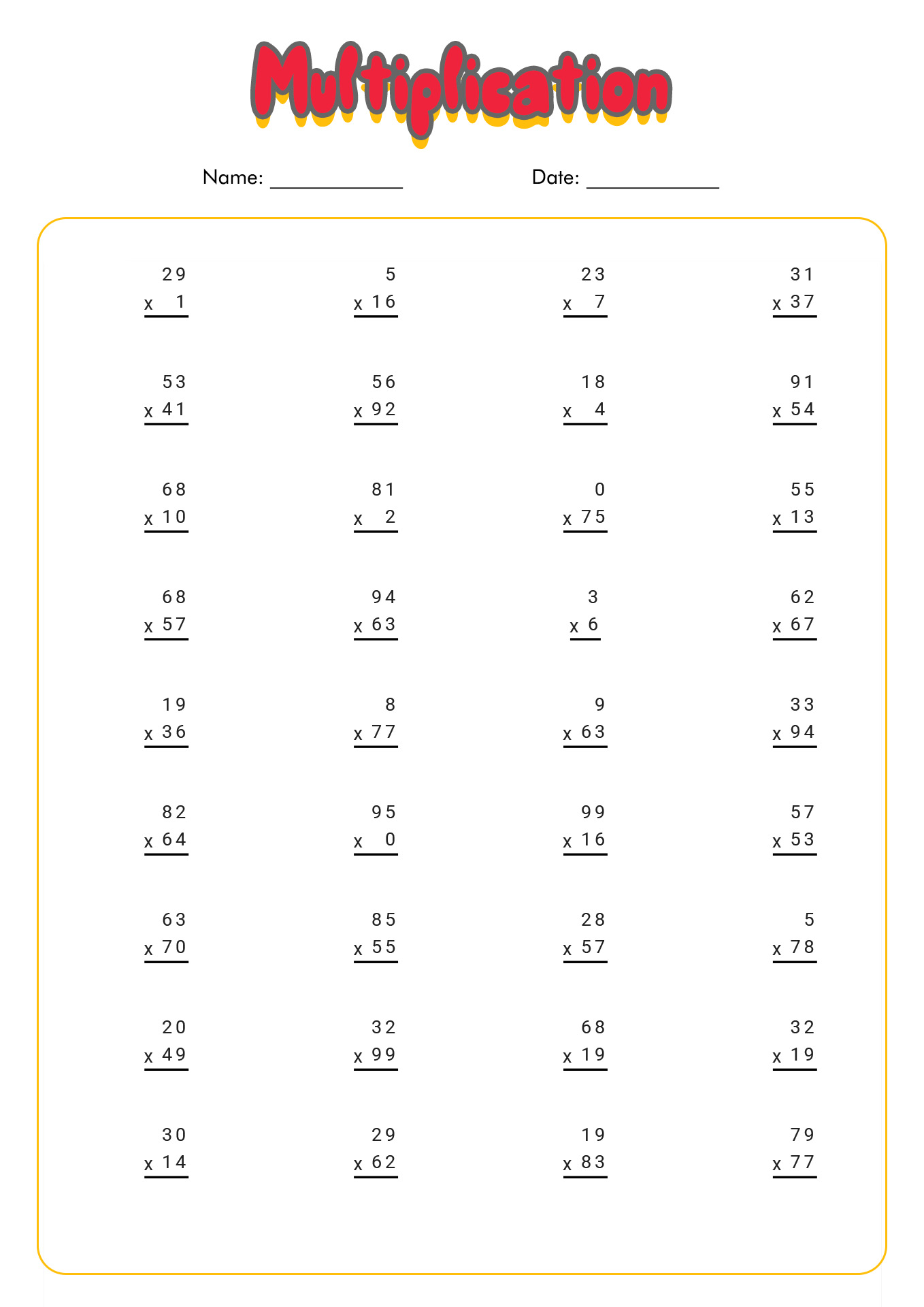 Math Worksheets Multiplication Print Out Image