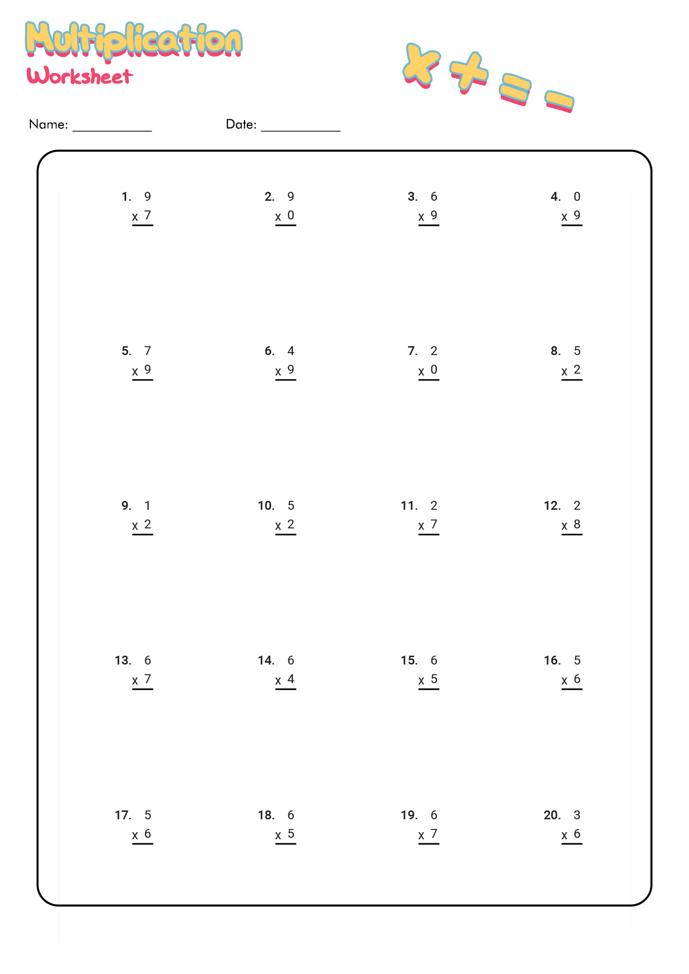 Multiplication Worksheet Math Sheets