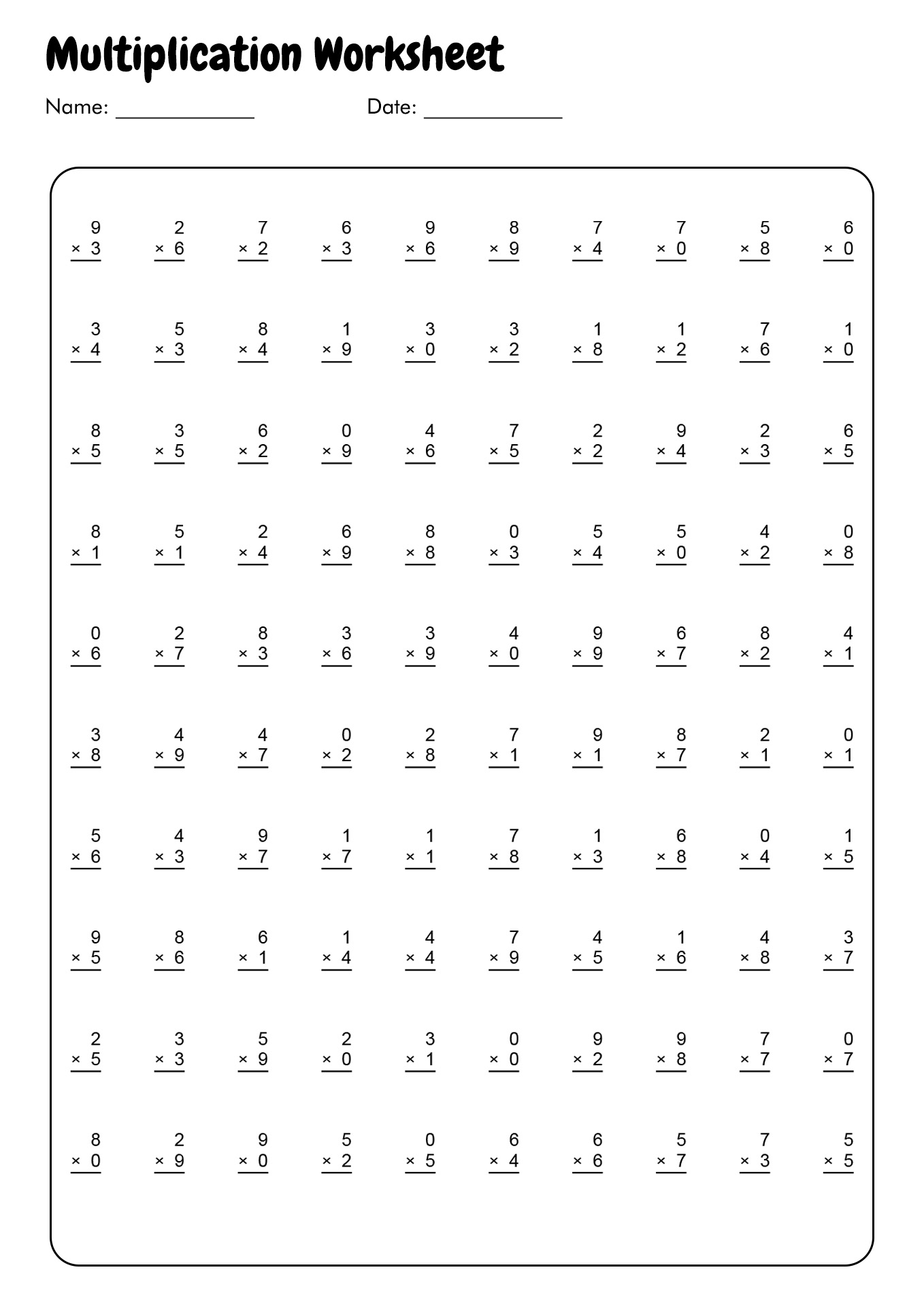 Printable Multiplication Worksheets Image