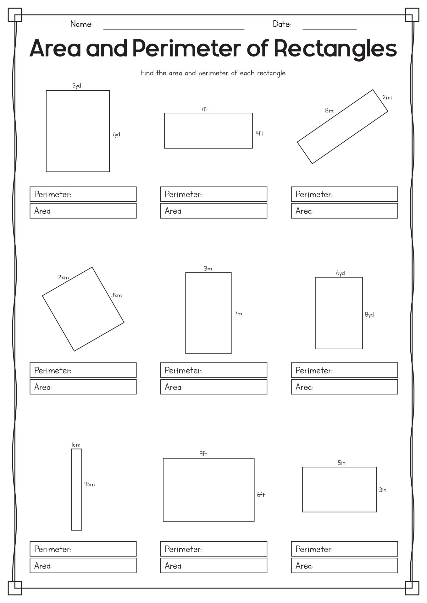 Rectangle Perimeter and Area Worksheets 7th Grade