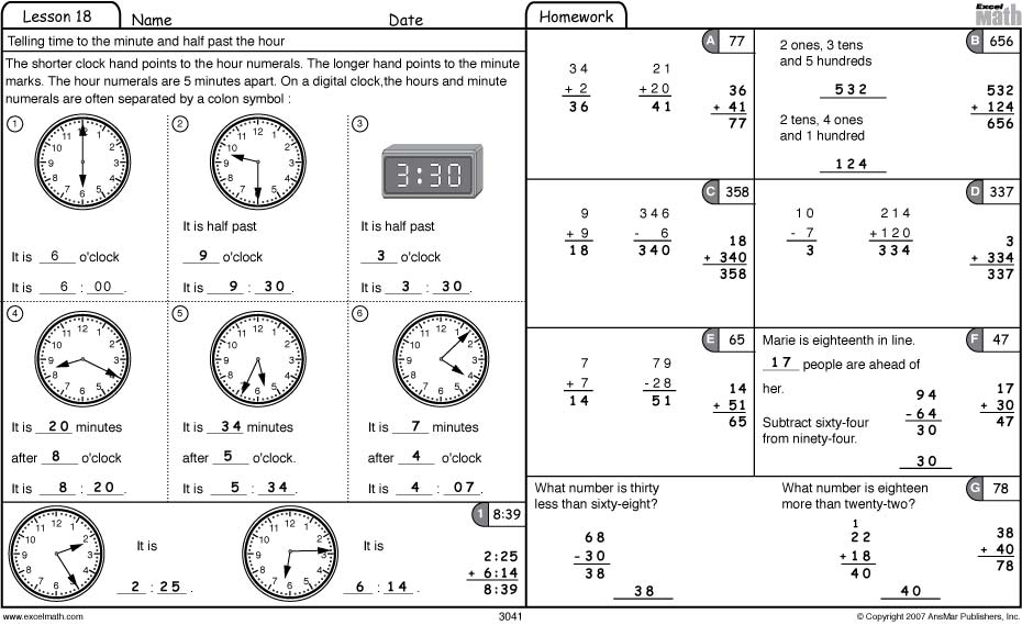 3rd Grade Math Clock Worksheets