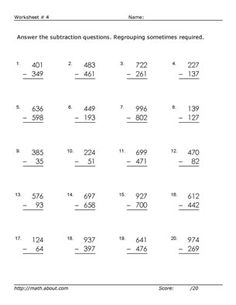 4 Digit Subtraction with Regrouping Worksheet
