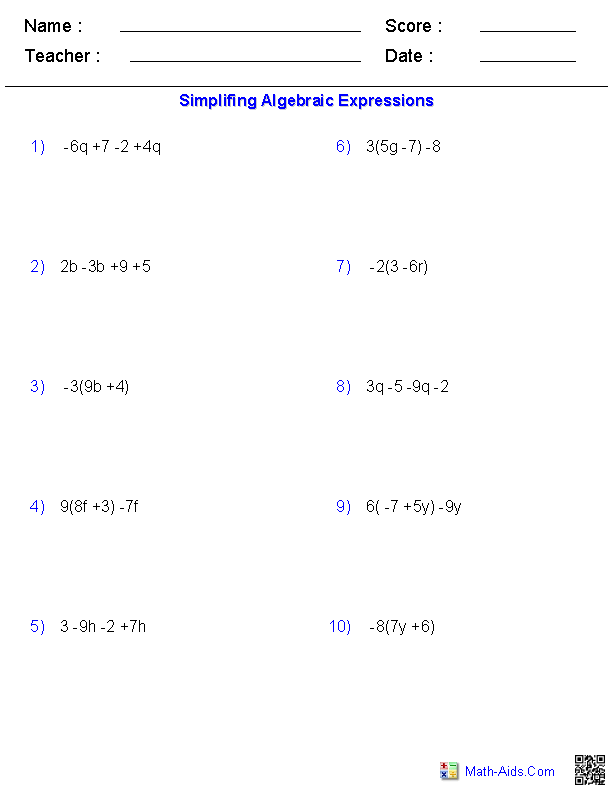 Simplify Expressions Worksheet Answer Key