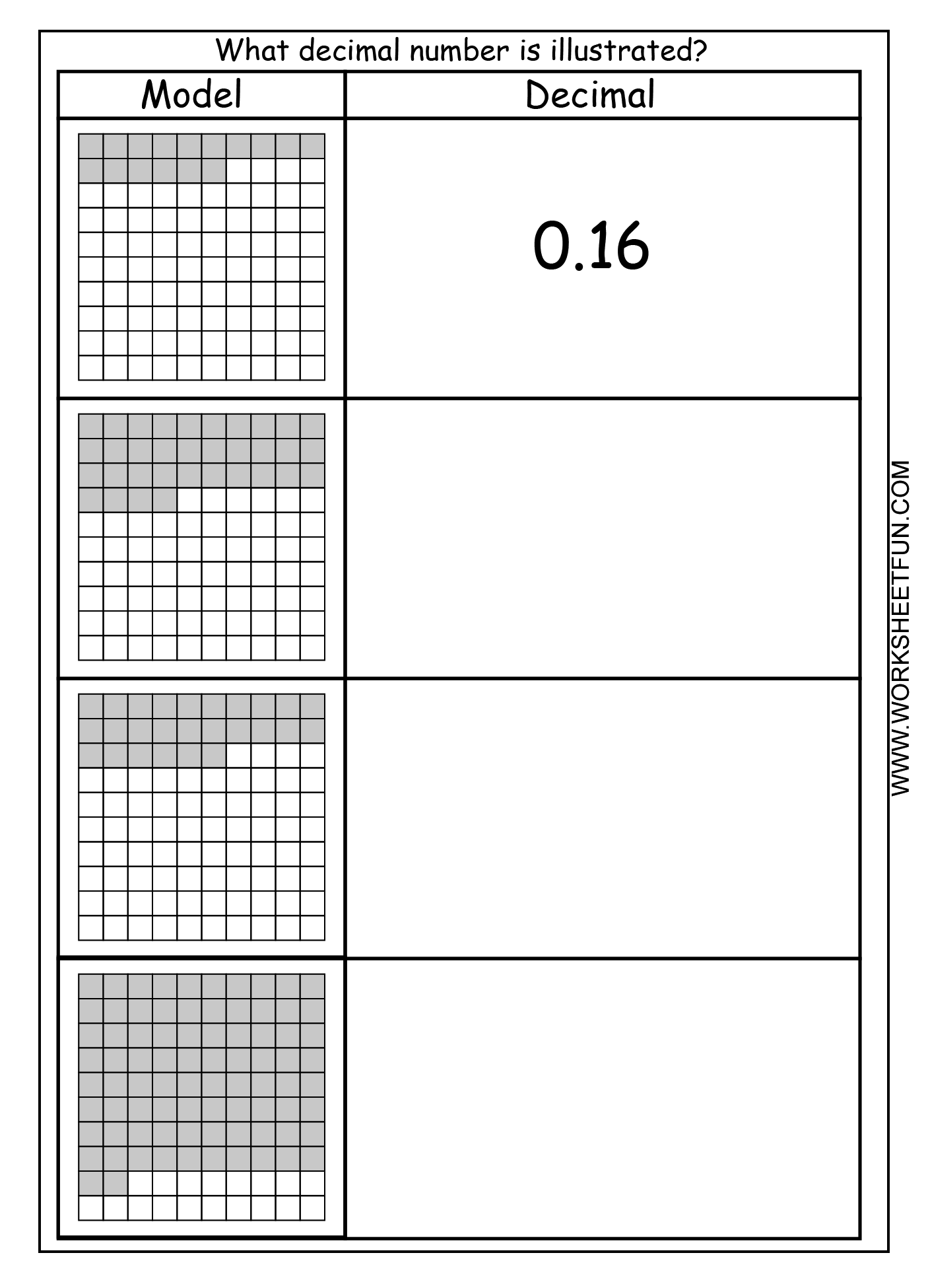 11 Decimal Hundredths Grid Worksheets