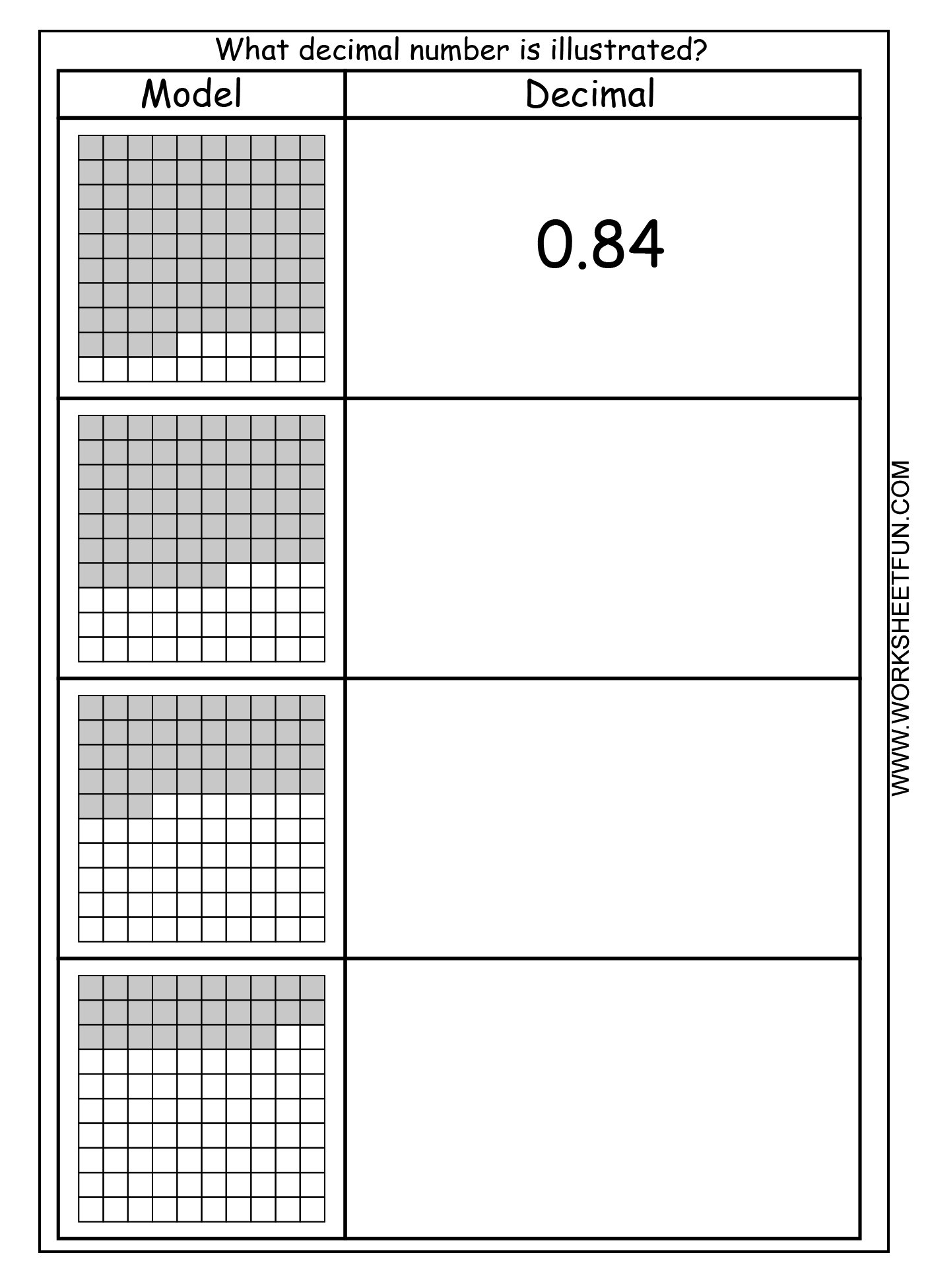 11 Decimal Hundredths Grid Worksheets