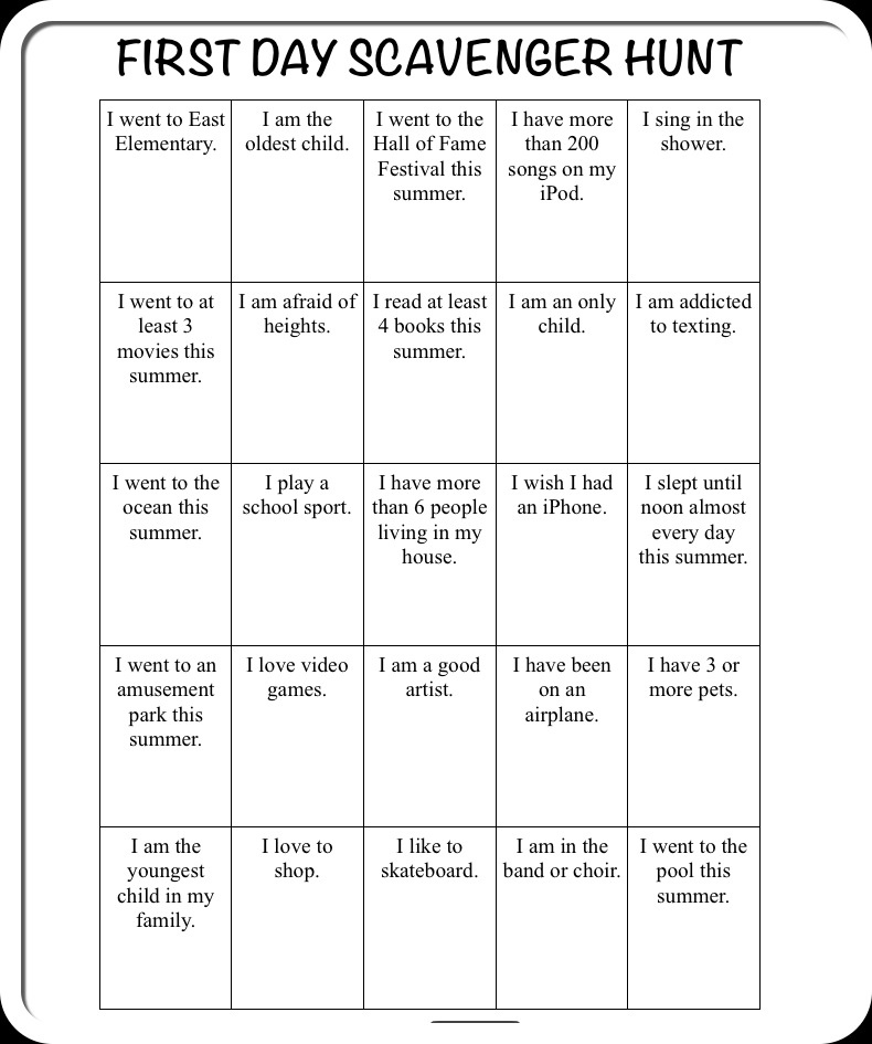 First Day Scavenger Hunt