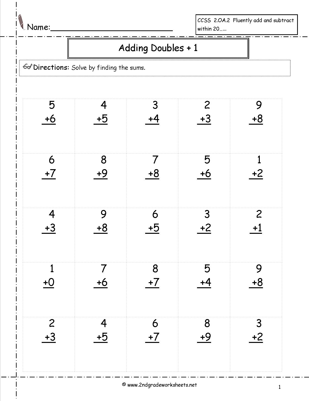 First Grade Doubles Plus One Worksheet Image