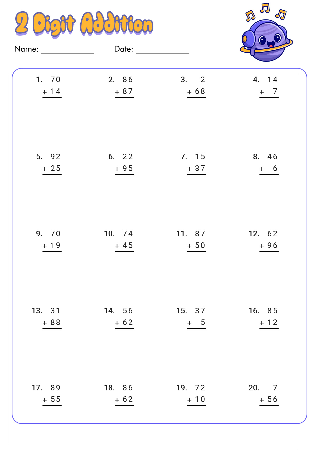 Math 2-Digit Addition with Regrouping Worksheets Image
