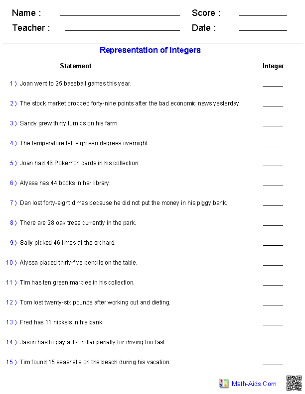 Math Word Problem Worksheets Integers Image